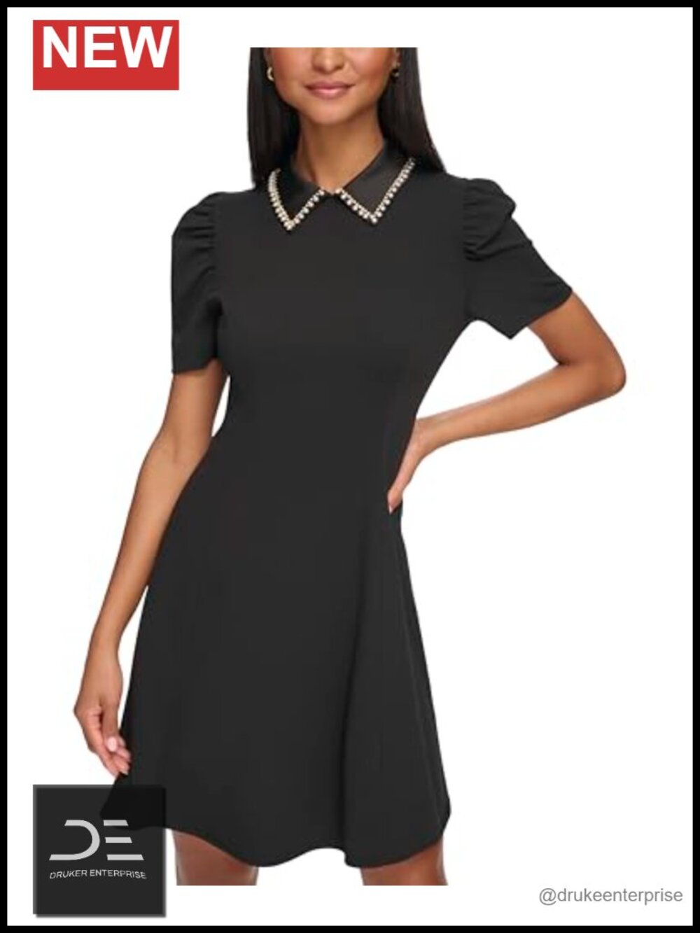 Puff Sleeve Embellished Collar A-Line Mini Dress